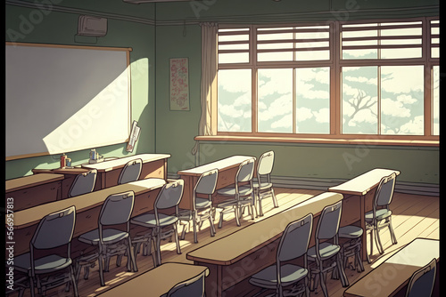 school chairs and desks in an empty Japanese school classroom. Generative AI