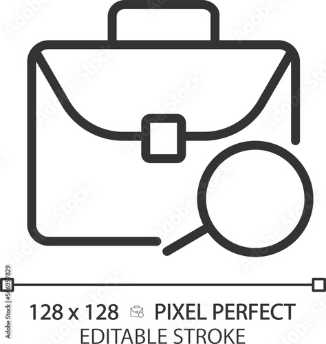Job search pixel perfect linear icon. Work position. Career development. Job hunting online platform. Employment. Thin line illustration. Contour symbol. Vector outline drawing. Editable stroke