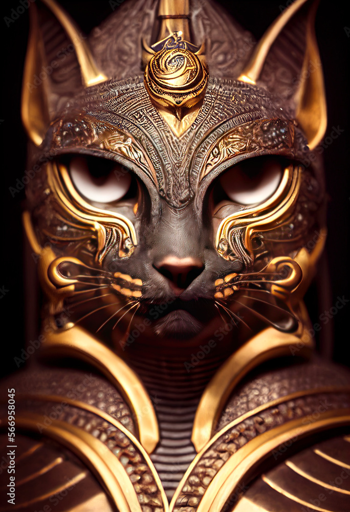 Egyptian cat in gold with gold ornaments. mythology and worship of cats created with Generative AI technology Egyptian cat in gold with gold ornaments. mythology and worship of cats created with Generative AI technology