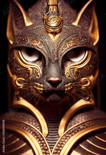 Egyptian cat in gold with gold ornaments. mythology and worship of cats created with Generative AI technology