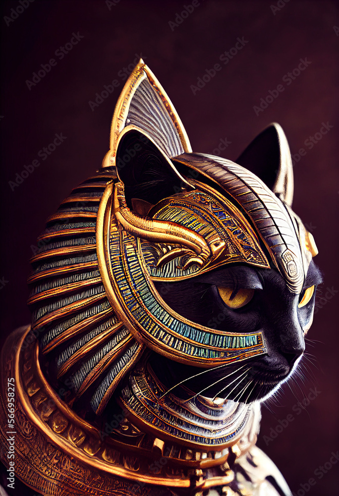 Egyptian cat in gold with gold ornaments. mythology and worship of cats