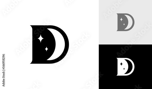 Letter D initial monogram with moon and star logo design vector