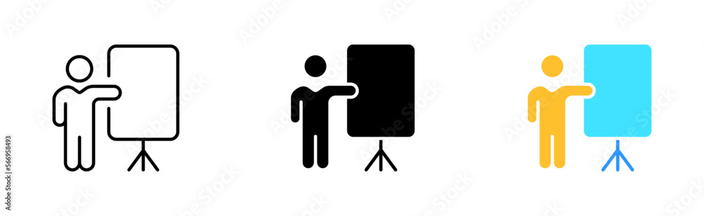 Speaker icon set. Speech, debate, presentation, tribune, person, presentation, question, answer, expert, team, work, board. business concept. vector line icon in different styles