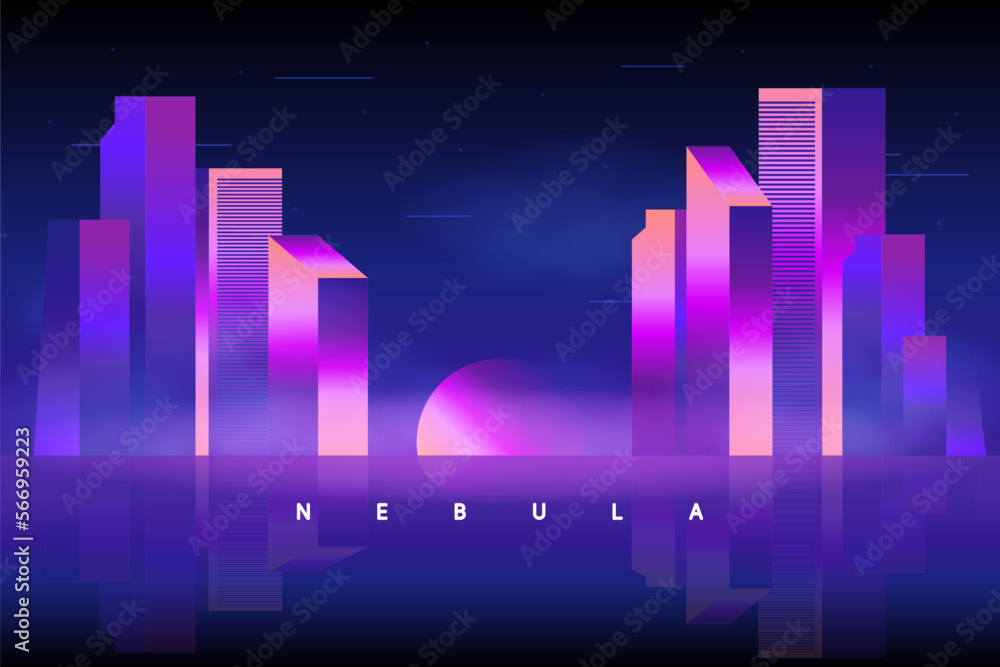 Retro wave background 80s. City 80s future retro synth illustration. Retro laser city cyber concept. Futuristic city with purple night sky sunset Retro wave background 80s. City 80s future retro synth illustration. Retro laser city cyber concept. Futuristic city with purple night sky sunset