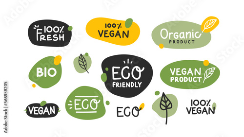 Fresh healthy organic vegan food logo labels and tags. Vector hand drawn illustration. Vegetarian eco green concept