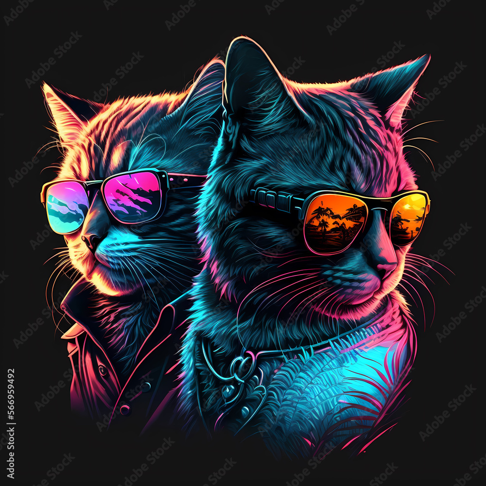 Wunschmotiv: Synthwave cats with sunglasses, black background, animal background #566959492