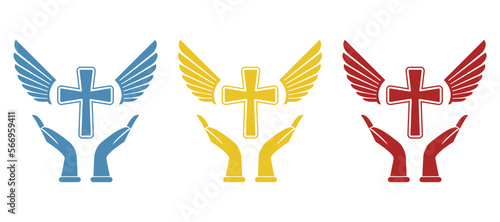 hand, cross, faith icon, vector illustration