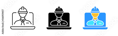 Foreman icon set. Builder, laptop, communication, remote, construction, boss, leader, task, repair, deadline, materials, scheme, architect. infrastructure concept. vector line icon in different styles