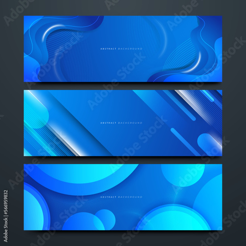 Abstract blue gradient technology banner background with trendy geometric graphic design. Simple minimal dynamic square and dots halftone blue gradient pattern background