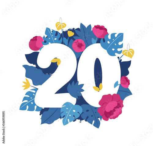 Blue 20 number with flowers peony and monstera