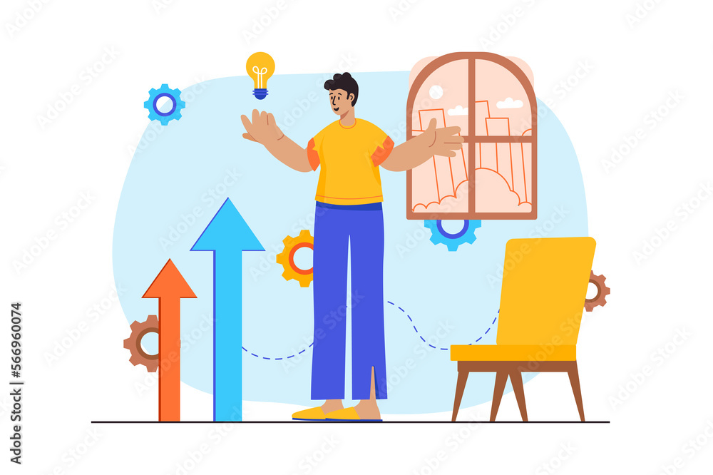 Searching opportunities concept with people scene in the flat cartoon design. Ambitious man is looking for opportunities to implement his ideas. Searching opportunities concept with people scene in the flat cartoon design. Ambitious man is looking for opportunities to implement his ideas.