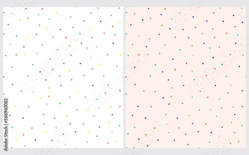 Simple Colorful Dotted Seamless Vector Patterns. Tiny Polka Dots Isolated on a White and Biege Background. Cute Abstract Repeatable Print with Multicolor Confetti ideal for Fabric, Wrapping Paper.