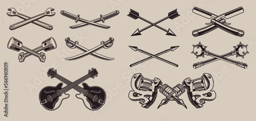 Set of vector illustrations of crossed elements on a light background