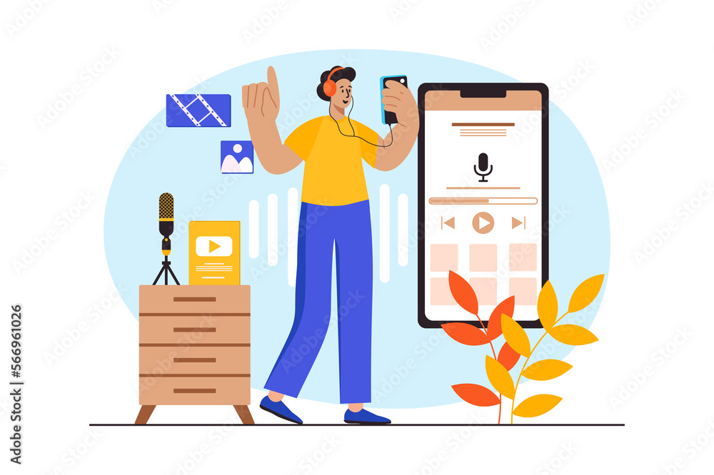 Podcast streaming blue concept with people scene in the flat cartoon design. Man in headphones listens to a podcast he just recorded. Podcast streaming blue concept with people scene in the flat cartoon design. Man in headphones listens to a podcast he just recorded.