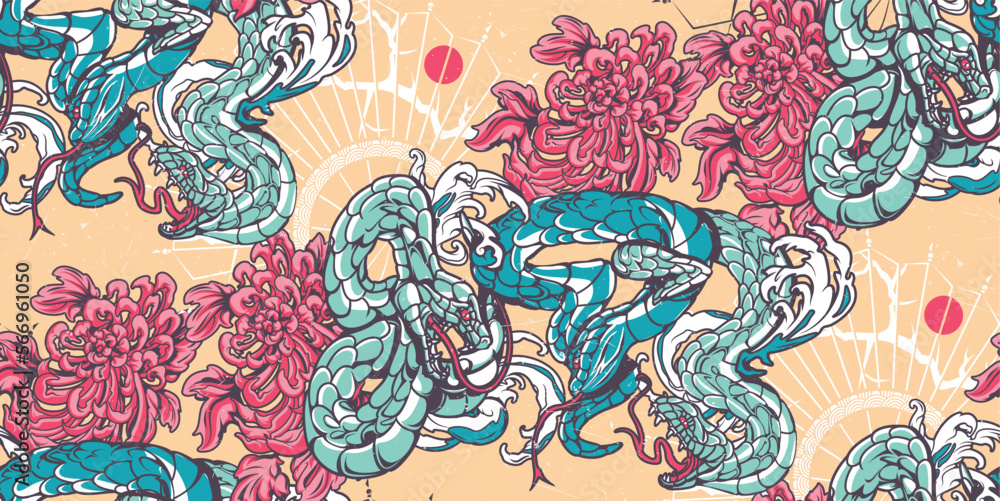 Vintage seamless pattern with a snakes, chrysanthemums on the Japanese theme. Ideal for printing onto fabric and decoration
