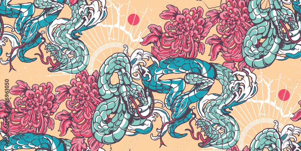 Fototapeta premium Vintage seamless pattern with a snakes, chrysanthemums on the Japanese theme. Ideal for printing onto fabric and decoration