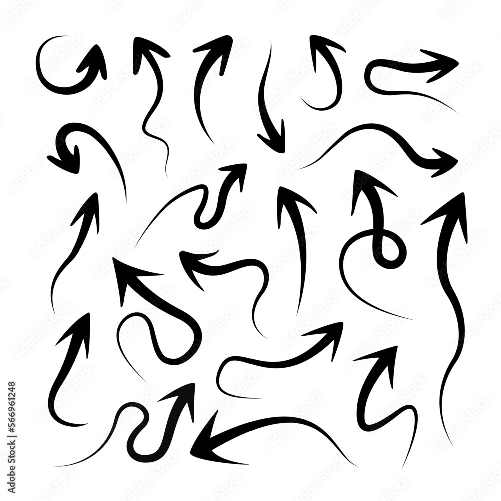 Obraz premium Hand drawn arrow vector icon set. Arrow sketch of different shapes and directions. Vector icon illustration
