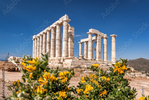 Cape Sounion with ruins of an ancient Greek temple of Poseidon in Attica, Greece
