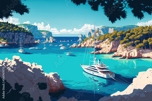 Panorama of Mallorca, a lovely bay with opulent yachts off the Santa Ponsa coast in the Balearic Islands' Mediterranean Sea. Generative AI photo