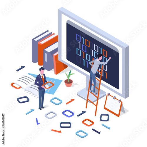 a isometric illustration of graph ,degital,PC and human	