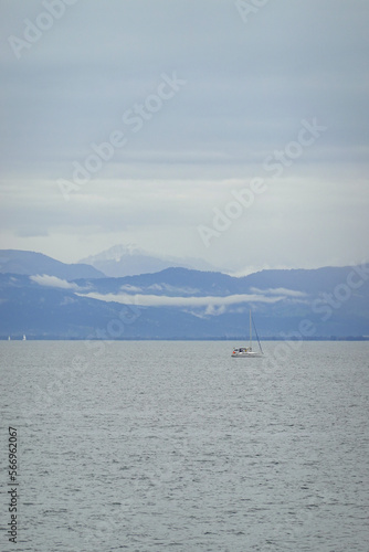 Panorama of Bodensee lake and a yacht, the view from Romanshorn, Switzerland