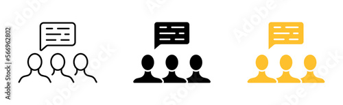 Discussion icons set. Interlocutors, speech bubble, business, debate, team, plan, tactics, forum, conference, text. communication concept. vector line icon in different styles