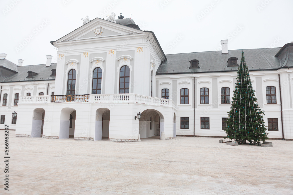 Facade of Presidential Palace in Bratislava Slovakia . Christmas tree in Slovakia