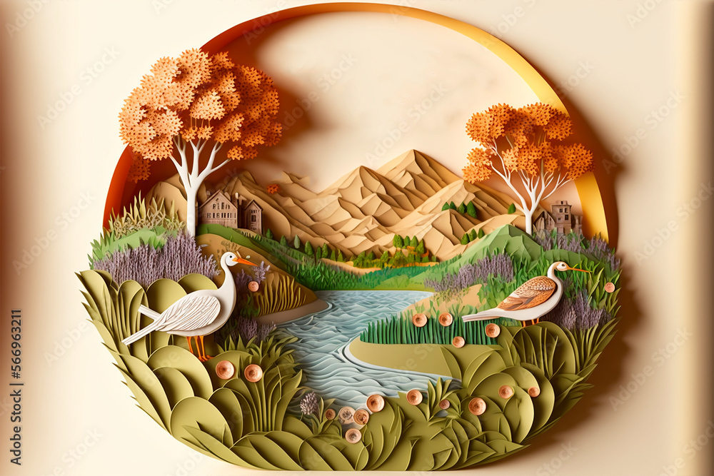 Japanese style mountain landscape scene in paper craft, paper quilling style. generative AI