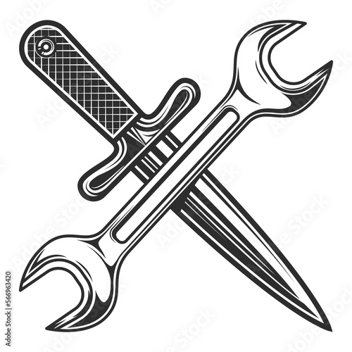 Vintage knife with body shop service car and truck mechanic repair tool crossed wrench or construction for gas and builder plumbing pipe key illustration