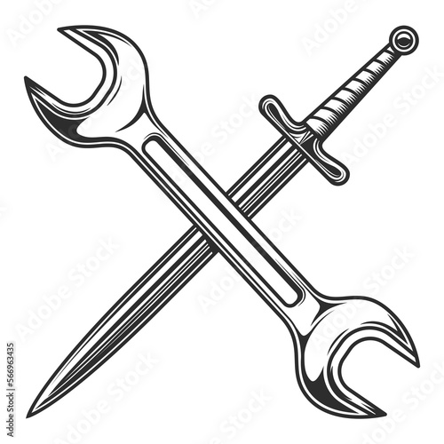 Vintage sword with body shop service car and truck mechanic repair tool crossed wrench or construction for gas and builder plumbing pipe key illustration
