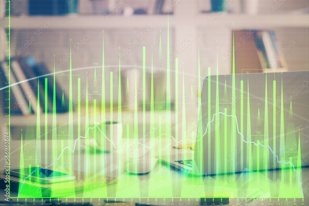 Financial market graph hologram and personal computer on background. Double exposure. Concept of forex. Financial market graph hologram and personal computer on background. Double exposure. Concept of forex.