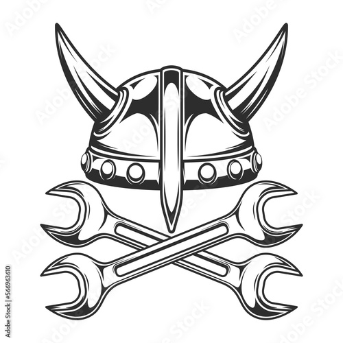Vintage viking helmet with body shop service car and truck mechanic repair tool crossed wrench or construction for gas and builder plumbing pipe key illustration