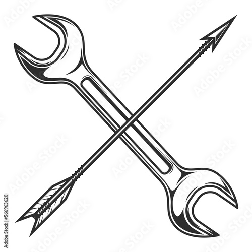 Vintage arrow with body shop service car and truck mechanic repair tool crossed wrench or construction for gas and builder plumbing pipe key illustration