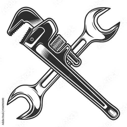 Vintage body shop service car and truck mechanic repair tool crossed wrench or construction for gas and builder plumbing pipe adjustable spanner illustration