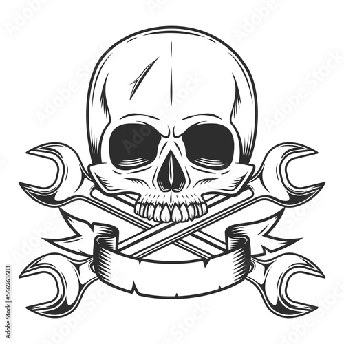 Vintage half skull and ribbon with body shop service car and truck mechanic repair tool crossed wrench or construction for gas and builder plumbing pipe spanner illustration
