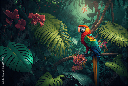 Green tropical jungle with brightly coloured flowers and birds. Generative AI.