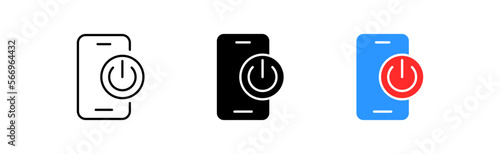 Shutdown button icon set. Button, element, control, gadget, smartphone, launch, restart, battery, electronics, saving, energy. Technology concept. Vector line icon in different styles