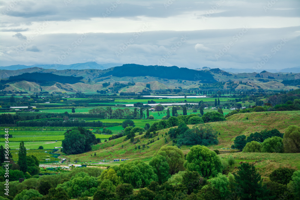 Aerial view over lush green farmland and distand mountain range under cloudy sky. Iconic New Zealand Landscape. Greys Hill Lookout, Gisborne, North Island, New Zealand