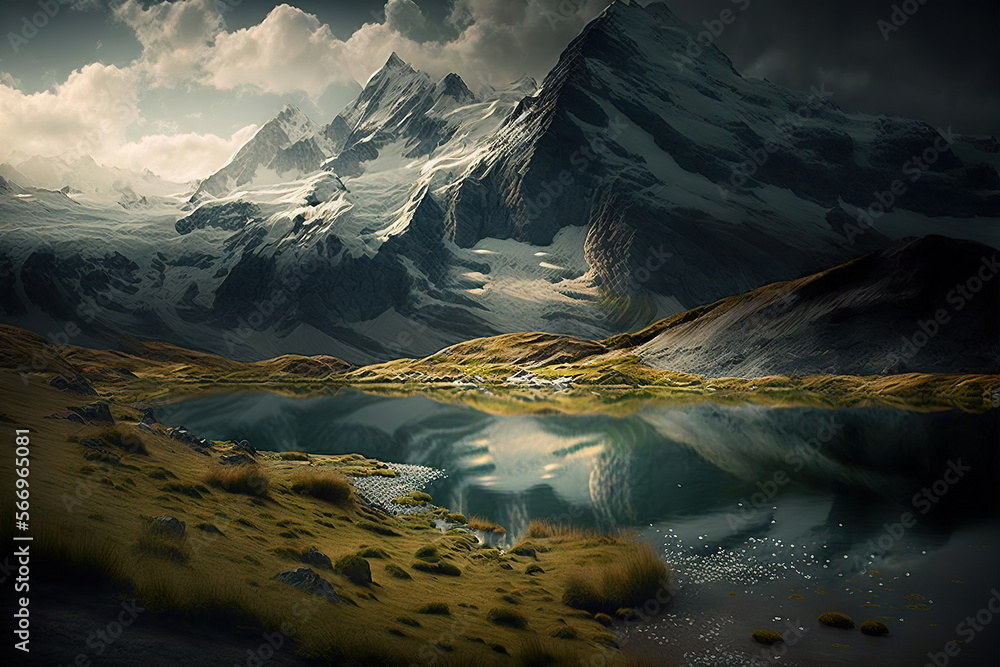landscape with lake and snow covered mountain.Generative Ai landscape with lake and snow covered mountain.Generative Ai