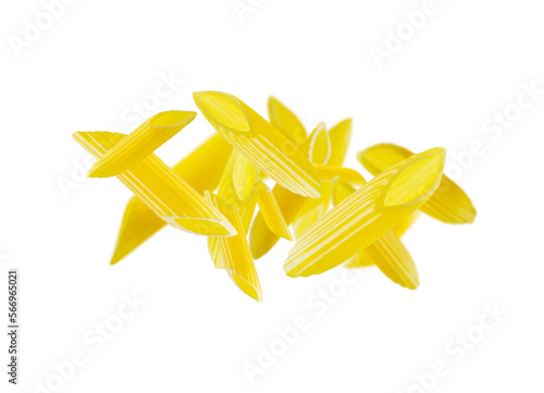 Collection of italian penne rigate pasta explosion isolated on white background. Selective focus