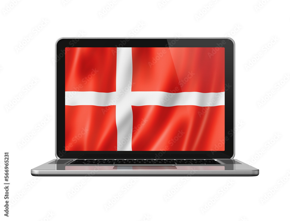 Danish flag on laptop screen isolated on white. 3D illustration Danish flag on laptop screen isolated on white. 3D illustration