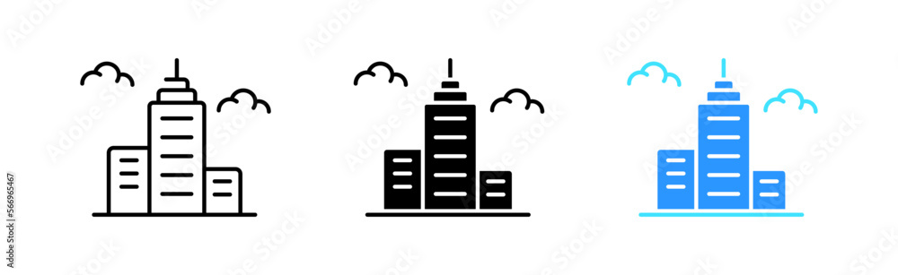 Megapolis icons set. Urban planning, high-rise buildings, metropolis, architecture, towers, hospital, apartment building, twin towers. infrastructure concept. Vector line icon in different styles Megapolis icons set. Urban planning, high-rise buildings, metropolis, architecture, towers, hospital, apartment building, twin towers. infrastructure concept. Vector line icon in different styles