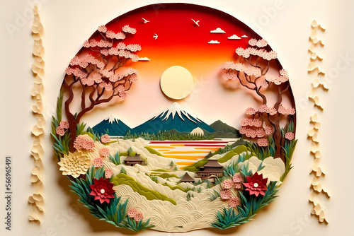 Japanese style mountain landscape scene in paper craft, paper quilling style. generative AI