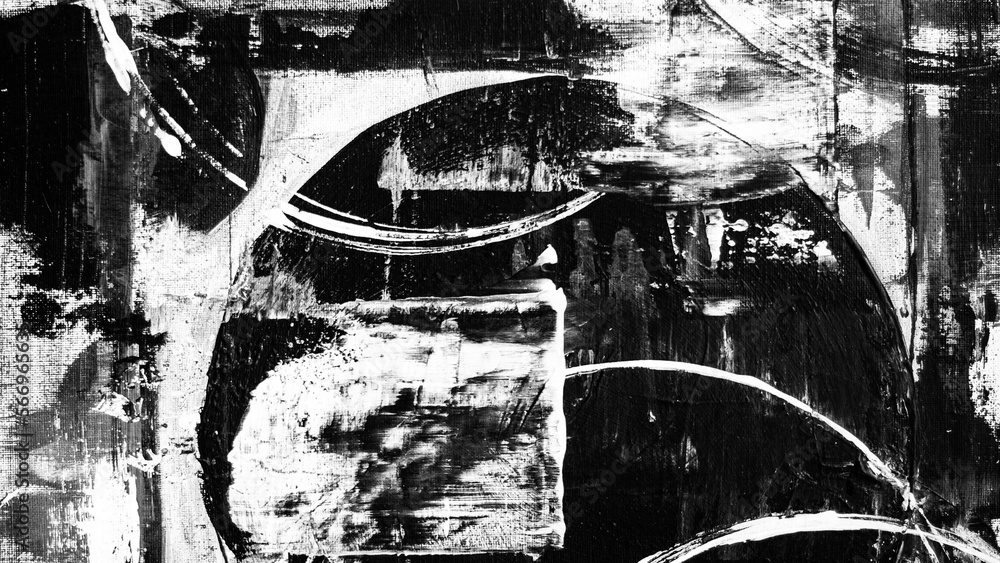 Fototapeta premium Abstract white and black background. Circles, lines, waves, stripes, strokes, paints, canvas. Canvas. Black and white. Abstraction, grey, white, black.