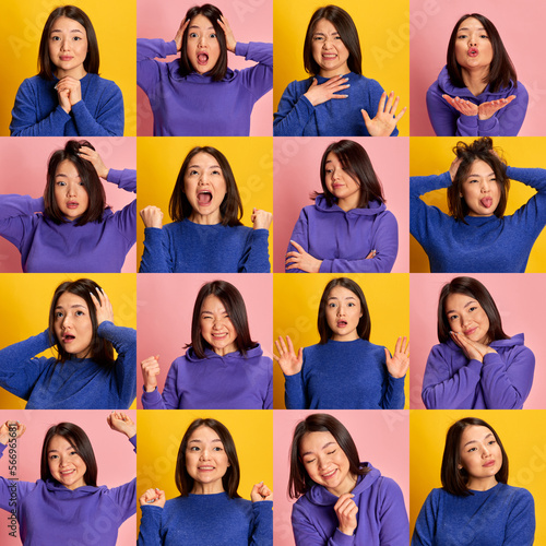 Collage. Portraits of young beautiful emotive girl posing, showing diversity of emotions over pink yellow background. Concept of emotions, facial expression, youth, inspiration, sales, ad