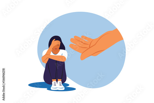 Human hand helps depression girl hugging knees. Psychotherapy, counseling and psychological support concept. Vector illustration.