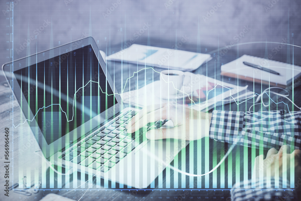 Fototapeta premium Double exposure of forex chart with man working on computer on background. Concept of market analysis.