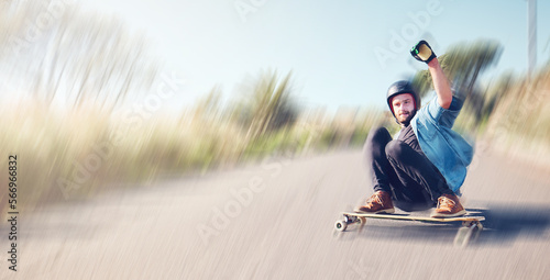 Skateboard, motion blur or mockup with a sports man skating at speed on an asphalt street outdoor for recreation. Skate, soft focus and fast with a male athlete or skater training outside on the road