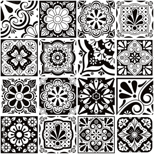 Mexican talavera tiles big collection, decorative seamless vector pattern set with flowers, leaves ans swirls in black and white
