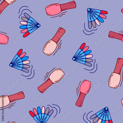 doodle seamless pattern with gel polish, nail tips, nail salon. Bright vector poster for a beauty salon on a purple background